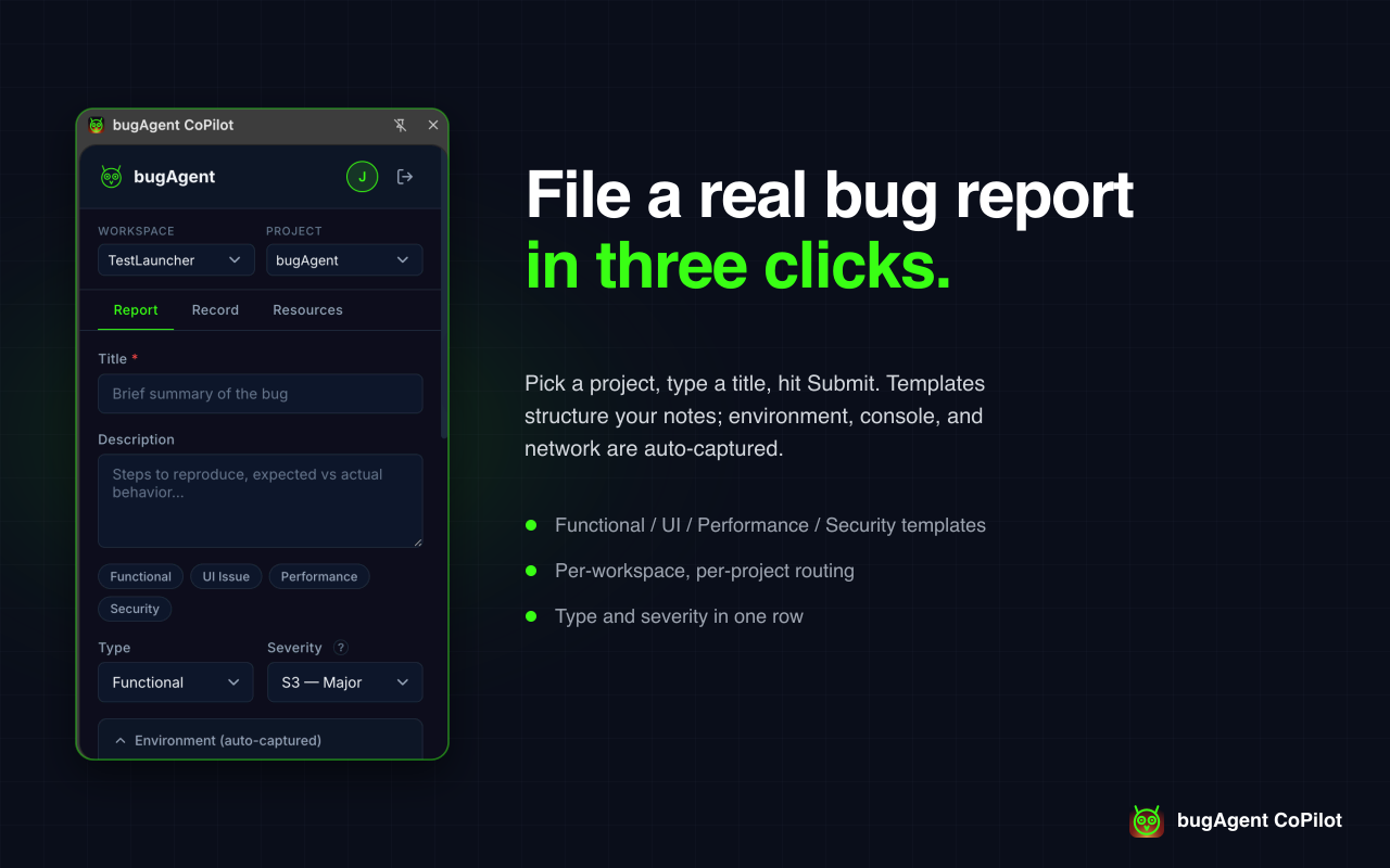 bugAgent CoPilot side panel showing the bug-report form