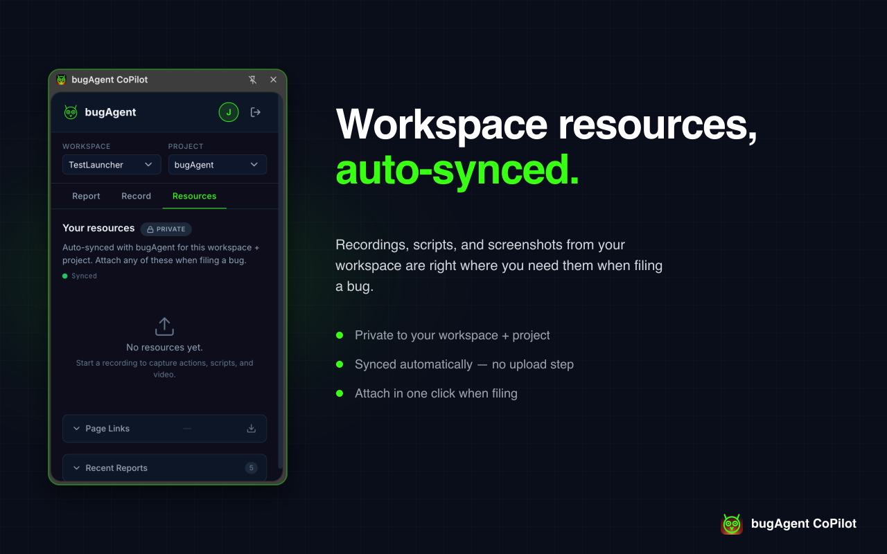 The Resources panel with synced recordings